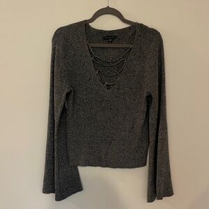 American eagle Gray Knit Sweater with Crisscross Detail and bell sleeves